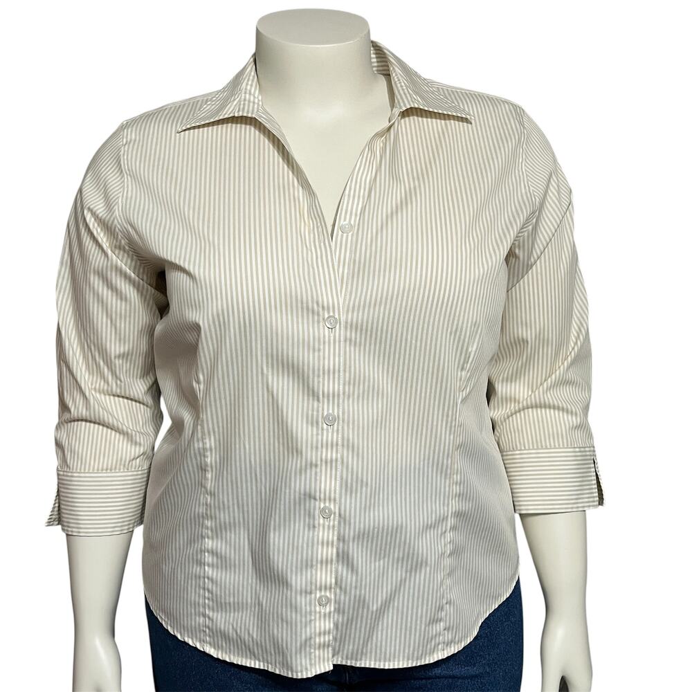 💫Eddie Bauer Striped Women’s Button Front Shirt 3/4 Sleeve Tan White Sz-XL